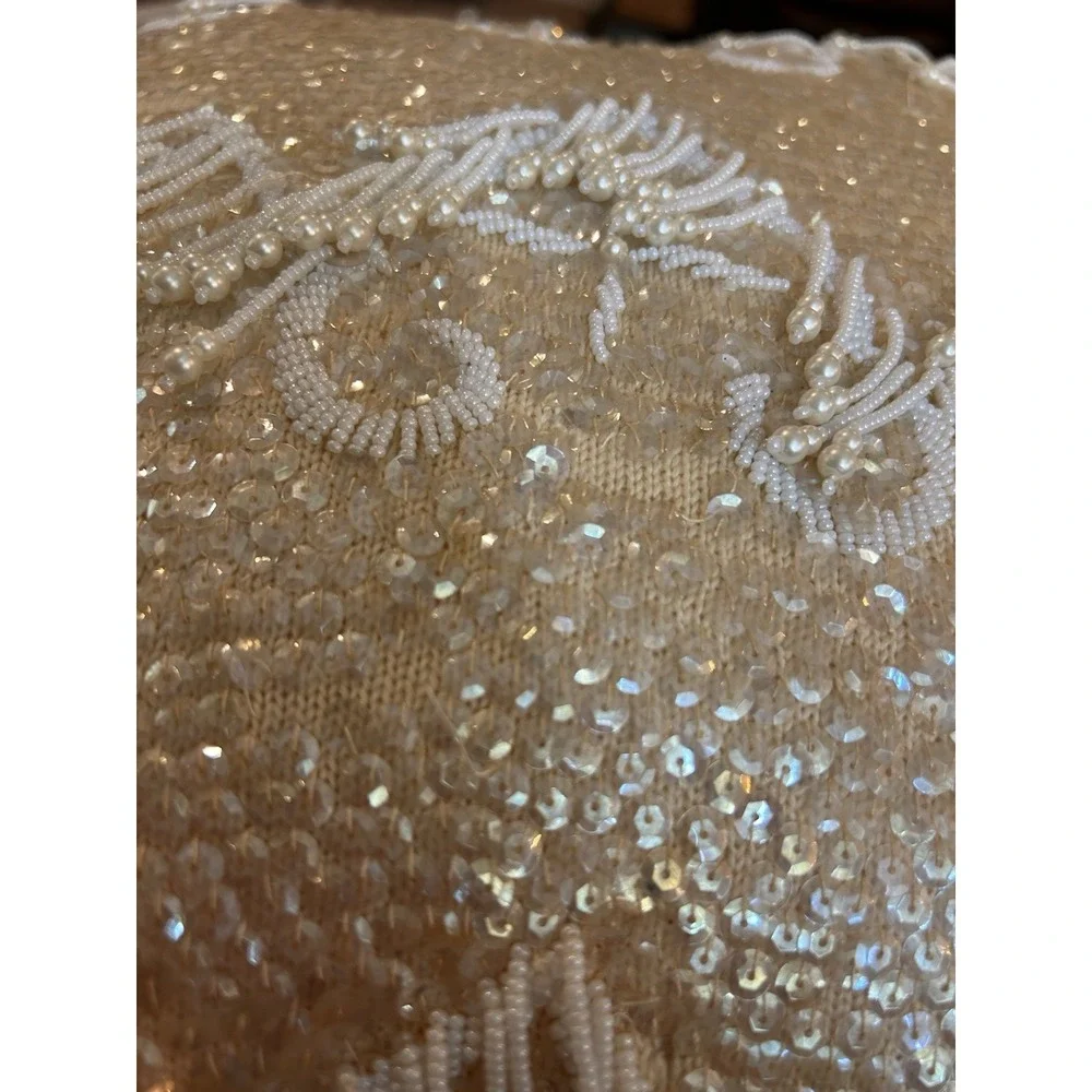 Beaded Decorative Pillow Champaign Tan‎ Ivory Beads Sequence, 14